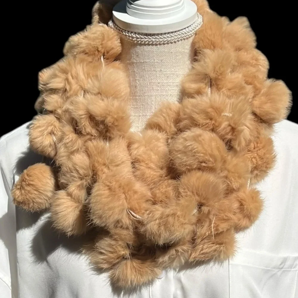 🌻Vintage Genuine Rabbit Fur Soft Warm Tan Pon Pons Scarf